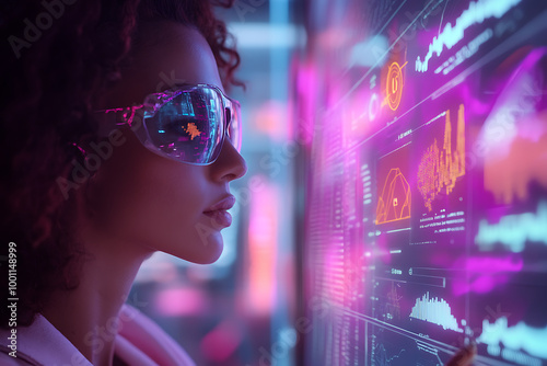 A woman analyzing futuristic holographic data, showcasing innovation and advanced technology, surrounded by binary code and designed in a wireframe plexus style.