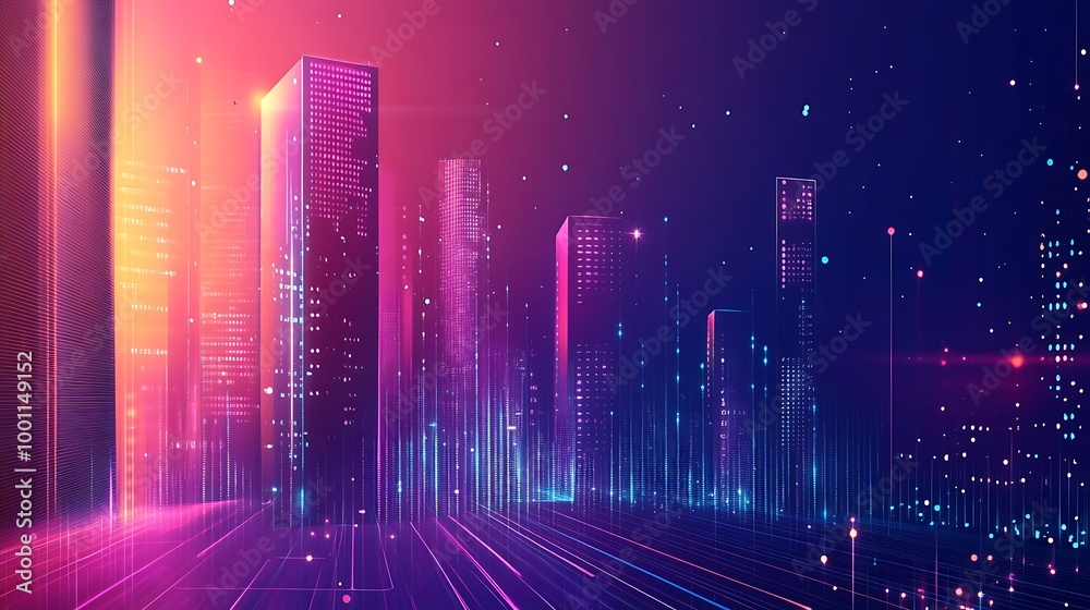 A futuristic city skyline with glowing neon lights and digital lines. A futuristic city skyline with glowing neon lights and digital lines.