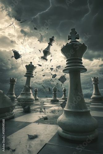 White Chess Pieces in a Chaotic Battle - Shattered Pieces in a Stormy Strategic Showdown