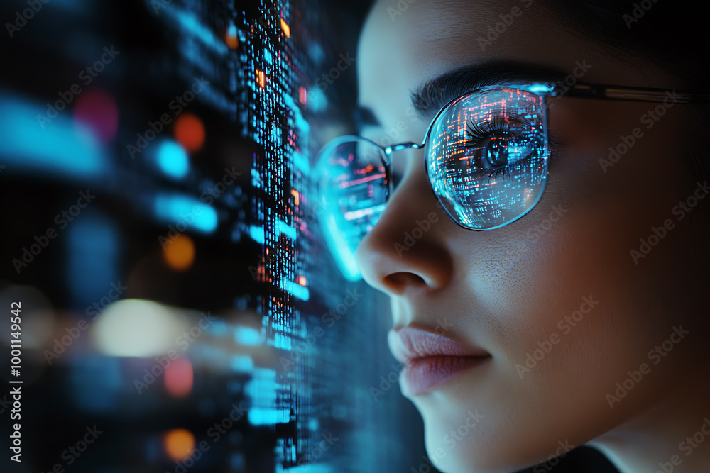 A woman analyzing futuristic holographic data, showcasing innovation and advanced technology, surrounded by binary code and designed in a wireframe plexus style. A woman analyzing futuristic holographic data, showcasing innovation and advanced technology, surrounded by binary code and designed in a wireframe plexus style.