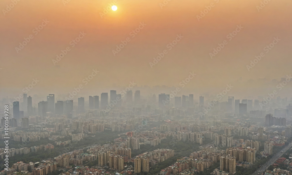 A hazy sunset casts a warm glow over a city skyline, with buildings barely visible through the dense air A hazy sunset casts a warm glow over a city skyline, with buildings barely visible through the dense air
