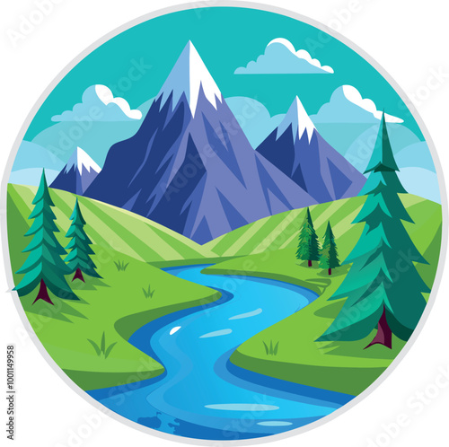 Nature circle style landscape design with river or mountains vector illustration on white background generated Ai