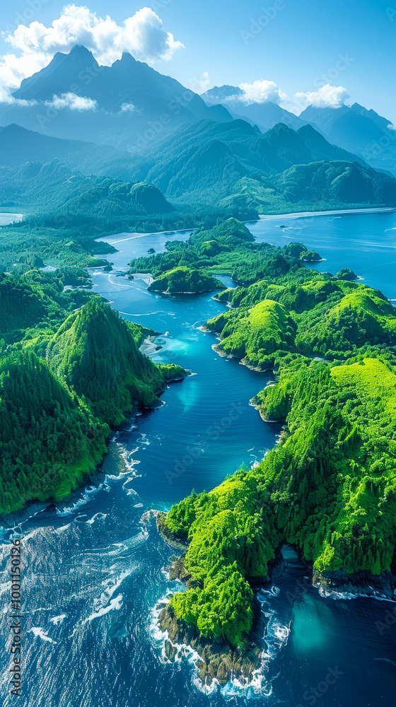 Φωτογραφία Lush Green Landscape of Tofino in Vancouver Islands Surrounded by Blue Sea Durin