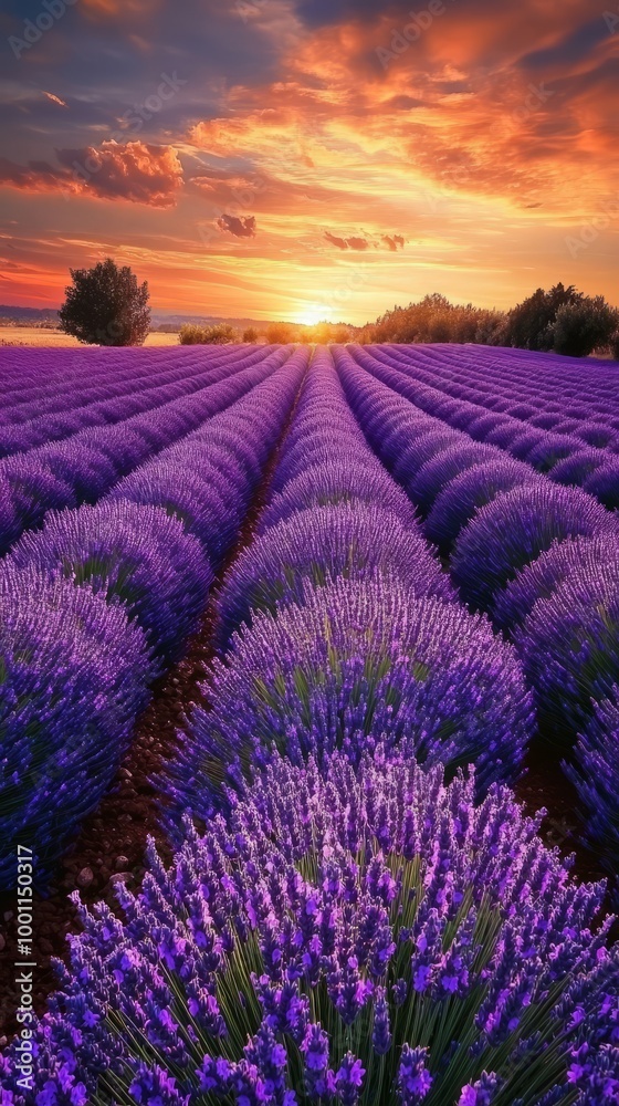 Obraz premium Lavender Sunset Serenity: Rows of vibrant purple lavender flowers stretch towards a breathtaking sunset, creating a picturesque scene of tranquility and natural beauty.