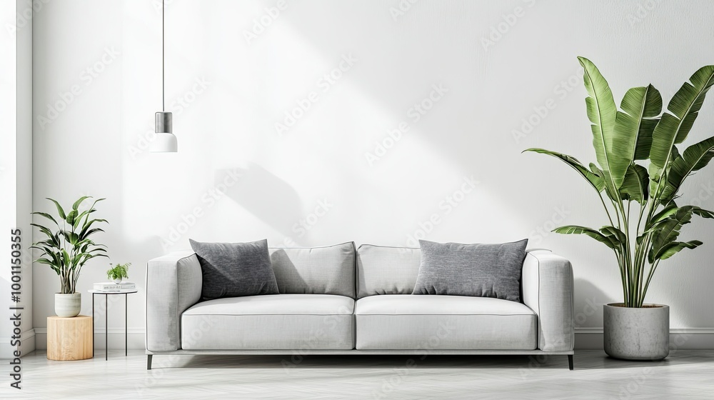 Modern Living Room with Grey Sofa and White Walls Modern Living Room with Grey Sofa and White Walls