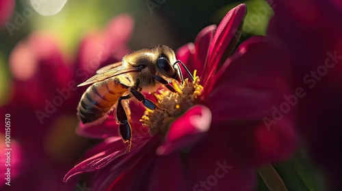 Honeybee Close-Up on Vibrant Flower Petals