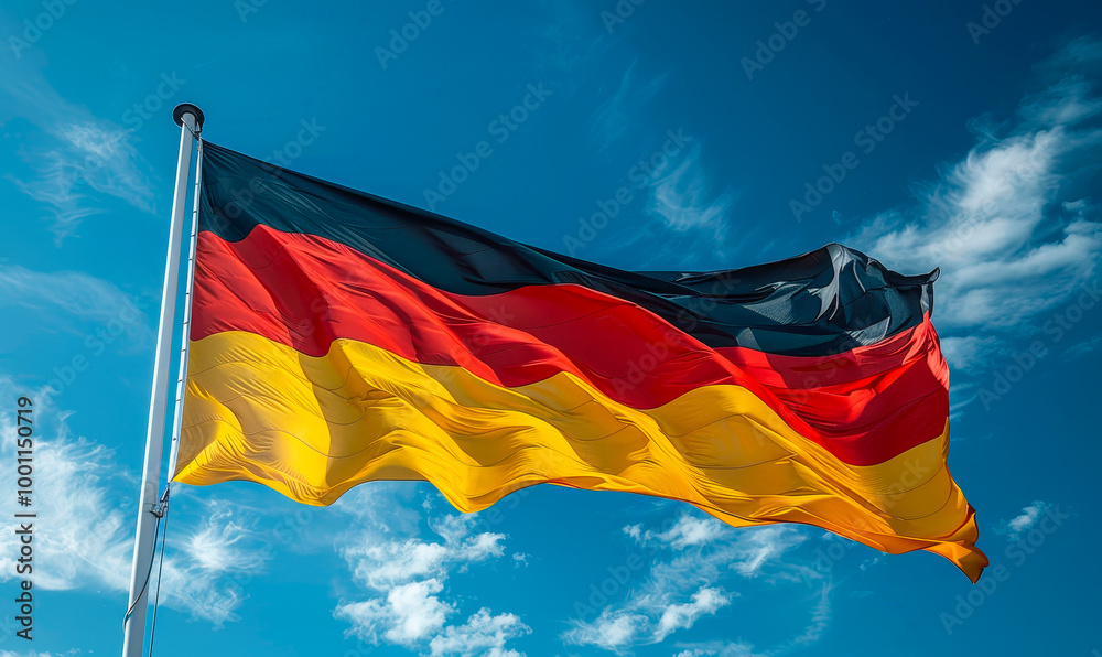 Vibrant German Flag Waving Against Clear Blue Sky on a Sunny Day, Symbolizing National Pride and Unity, Capturing the Colors and Motion in a Patriotic Setting, for Travel, Culture, Tourism Themes Vibrant German Flag Waving Against Clear Blue Sky on a Sunny Day, Symbolizing National Pride and Unity, Capturing the Colors and Motion in a Patriotic Setting, for Travel, Culture, Tourism Themes