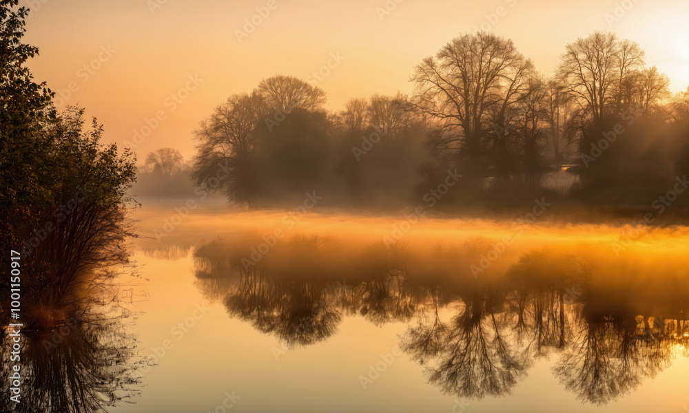 Obraz premium A calm river reflects the golden glow of sunrise through the morning mist