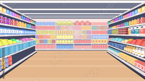 Retail shop inside with shelves row full of goods background, racks of mart interior with product display cartoon vector illustration. Perspective view of supermarket or store grocery aisle