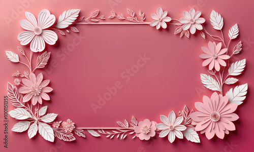 Pink and white paper flowers create a frame on a pink background