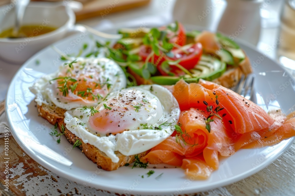Delicious breakfast with poached eggs and smoked salmon Delicious breakfast with poached eggs and smoked salmon