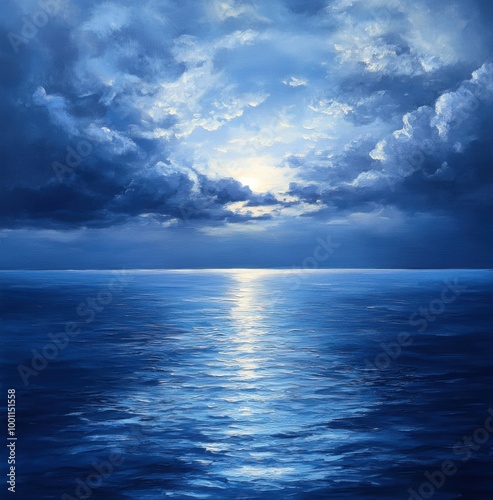 A painting on an oil canvas, capturing the serene beauty and vastness of the ocean's blue skies