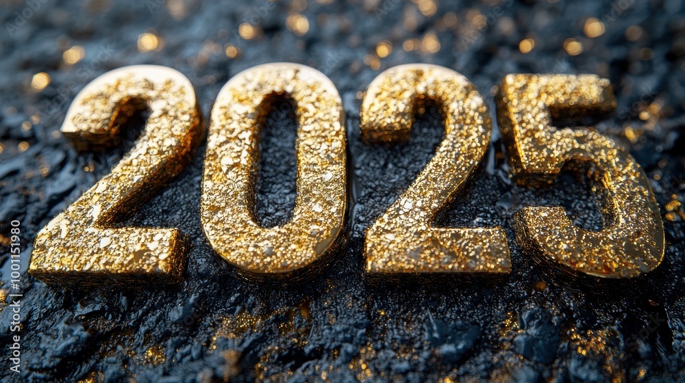 This dynamic and visually striking image features the year 2025 written in bold, glimmering gold lettering against a textured, dark background, symbolizing optimism and new beginnings This dynamic and visually striking image features the year 2025 written in bold, glimmering gold lettering against a textured, dark background, symbolizing optimism and new beginnings