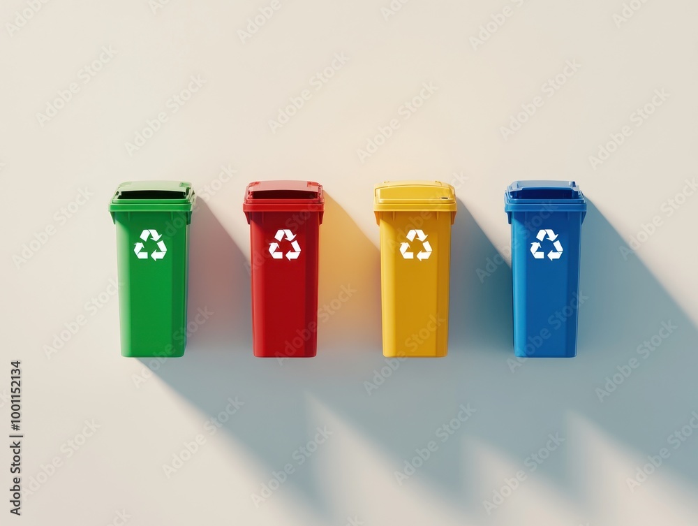 Row of recycling bins in red, green, blue, and yellow, AI generated Row of recycling bins in red, green, blue, and yellow, AI generated