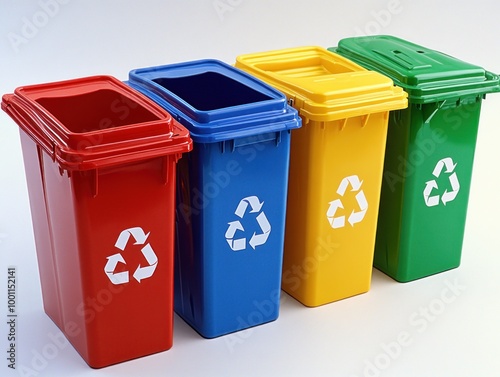 Row of recycling bins in red, green, blue, and yellow, AI generated