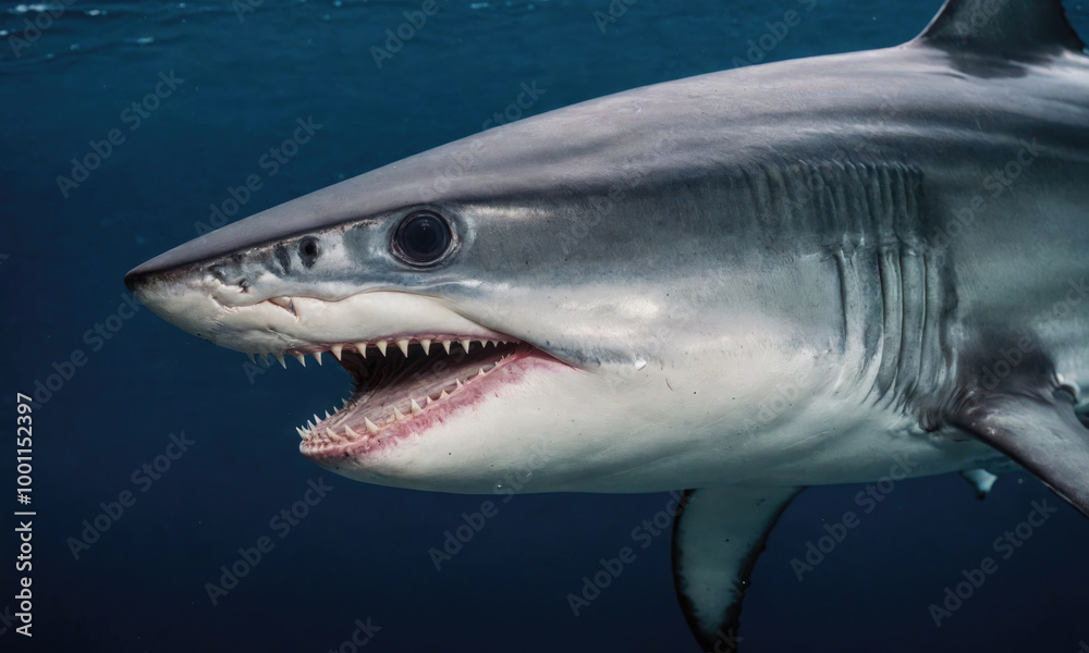 Naklejka premium A large shark with its mouth open swims through the ocean