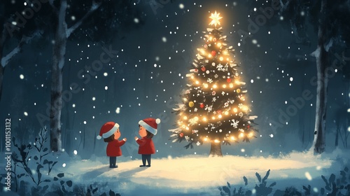 Children in winter coats marvel at a beautifully lit Christmas tree in a snowy forest