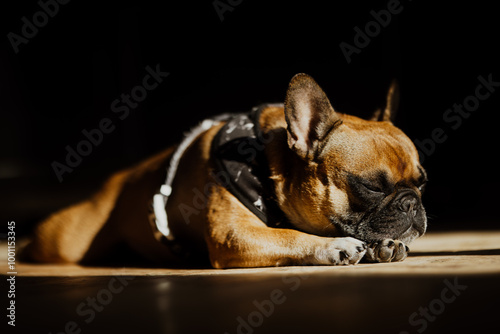 French bulldog sleeping on a wooden floor