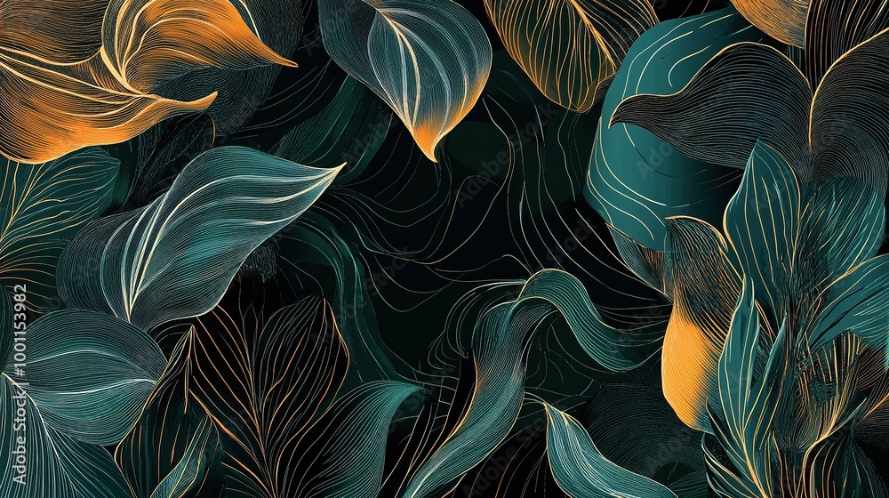 Abstract nature vector background with modern line art and tropical, botanical leaves in a sleek design Abstract nature vector background with modern line art and tropical, botanical leaves in a sleek design