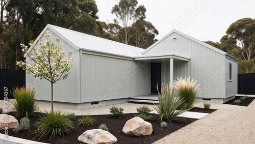 minimalist house with a corrugated metal exterior, painted in a light grey color. The structure consists of two connected sections, one with a gabled roof and the other with a flat roof. 