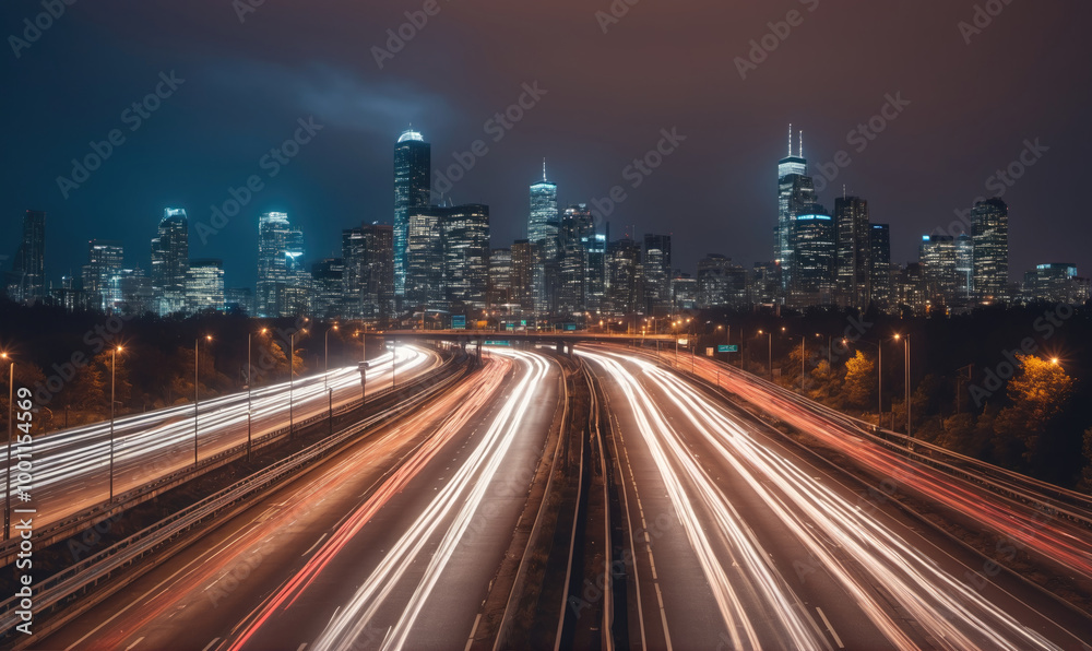 Fototapeta premium A highway in the city at night, with the lights of cars streaking across the road