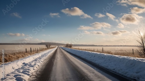 Blue sky in winter and straight road