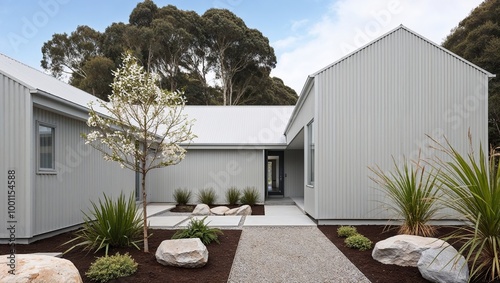 minimalist house with a corrugated metal exterior, painted in a light grey color. The structure consists of two connected sections, one with a gabled roof and the other with a flat roof. 