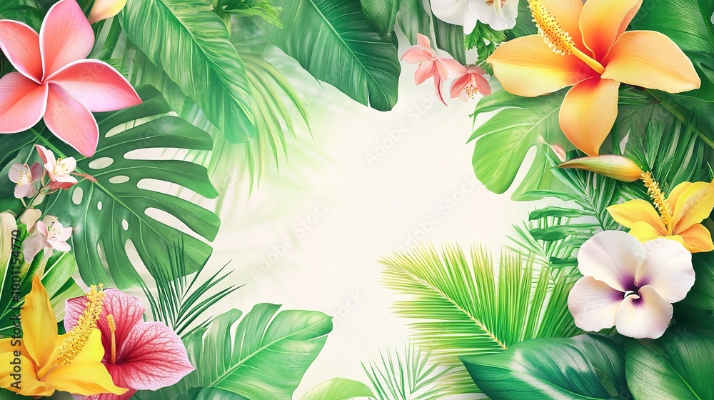 Fototapeta premium Tropical palm leaves, orchids, and hibiscus frame the center, perfect for summer copy space