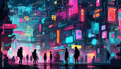 Neon-Illuminated Cyberpunk Cityscape Showcasing Digital Billboards and Futuristic Figures in a Lively Tech-Driven Urban Landscape photo