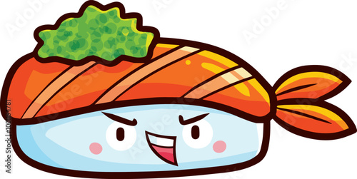 Cute and funny tuna sushi cartoon character laughing vector illustration