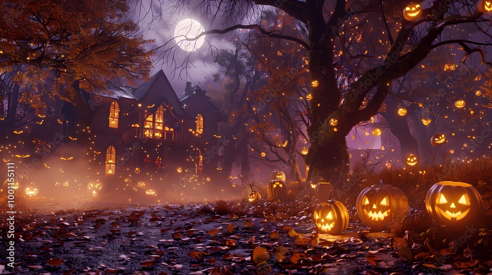 halloween house with pumpkin decoration at night