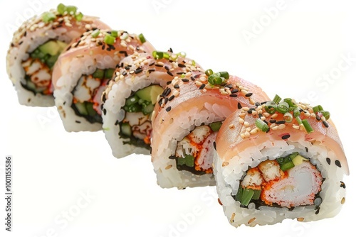 Row of delicious philadelphia uramaki sushi rolls with tuna and sesame seeds is presented on a white background