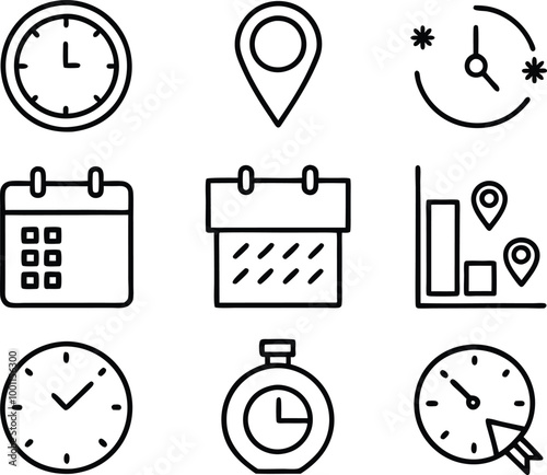 Time, date and address line icon set. Clock, calendar, location pin. Editable stroke. Vector illustration.