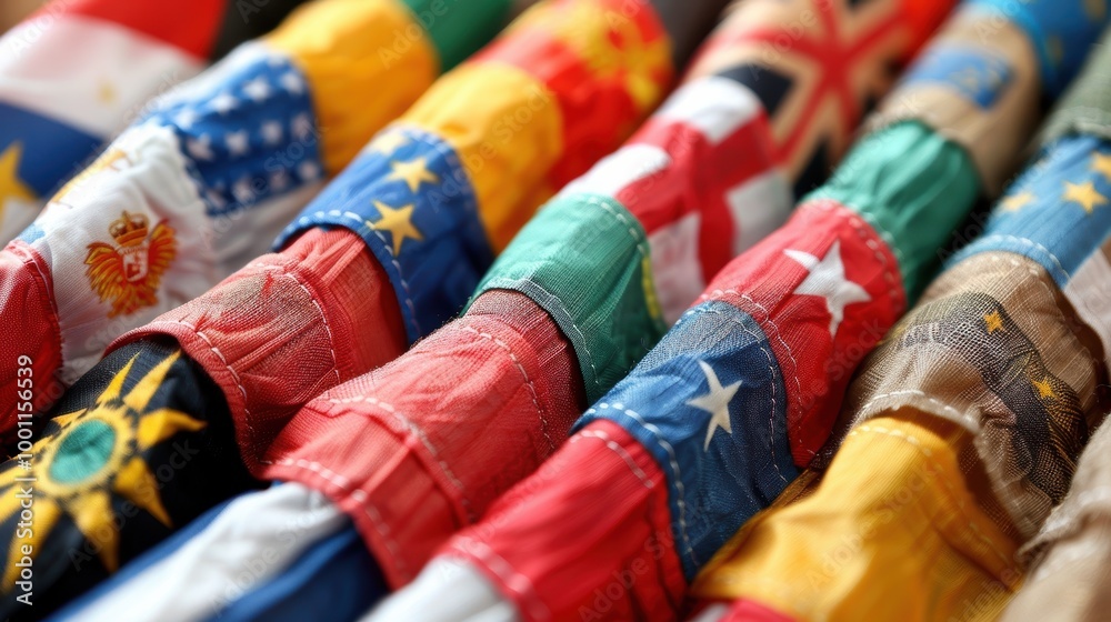 Fototapeta premium A vibrant collection of tightly packed international flags symbolizing global unity and cultural diversity, showcasing a variety of national identities and traditions