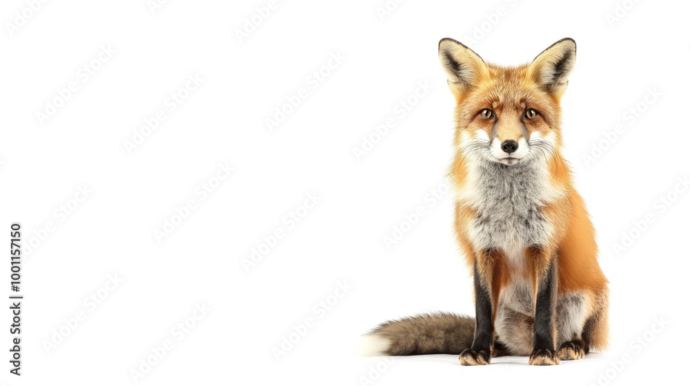 Alert red fox in perked ears pose against white background for wildlife conservation design isolated on white background with big copy space Alert red fox in perked ears pose against white background for wildlife conservation design isolated on white background with big copy space