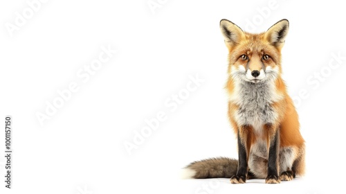Alert red fox in perked ears pose against white background for wildlife conservation design isolated on white background with big copy space