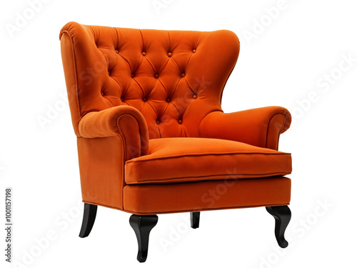 Orange velvet armchair with tufted backrest and wooden legs