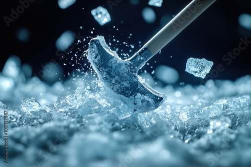 A close-up of an ice pick puncturing a thick sheet of ice with sharp jagged edges forming around the hole. Break the ice.