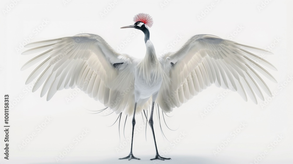Obraz premium Graceful red-crowned crane dancing with wings outstretched in elegant display. Isolated on white background