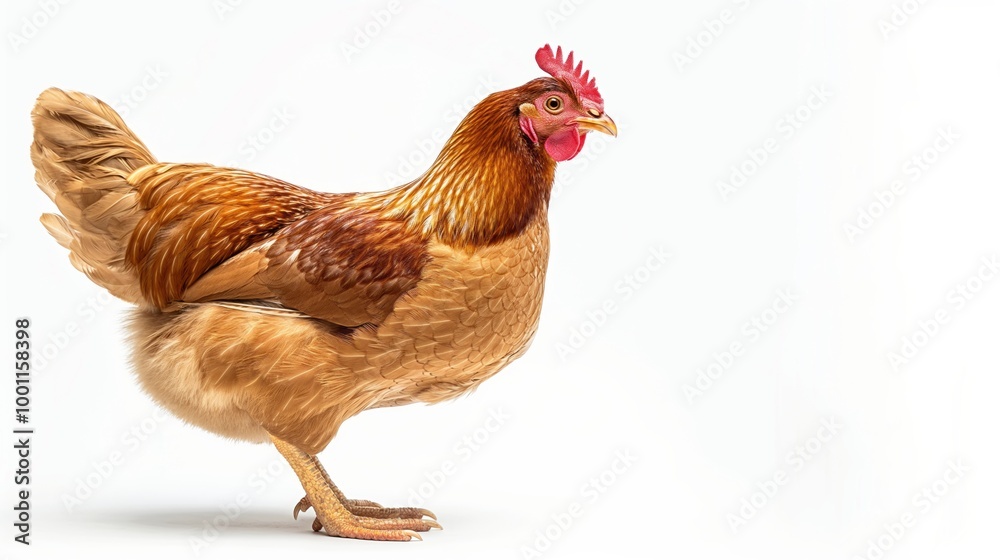 Fototapeta premium Majestic brown chicken portrait highlighting detailed plumage for farming and agriculture concepts. Isolated on white background with big copy space