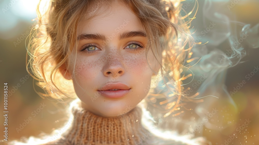 A mesmerizing close-up portrait of a young woman with captivating green eyes, delicate freckles, and sun-kissed hair, dressed in a cozy knit sweater outdoors A mesmerizing close-up portrait of a young woman with captivating green eyes, delicate freckles, and sun-kissed hair, dressed in a cozy knit sweater outdoors