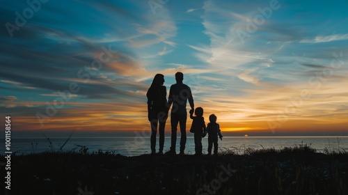 Happy family silhouette against stunning sunset sky,  beautiful nature landscape evoking family vacation concept.