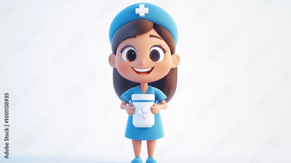 Adorable nurse character with a large pill bottle and a cheerful smile, isolated on a clean white background. Adorable nurse character with a large pill bottle and a cheerful smile, isolated on a clean white background.