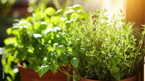 Fresh Herbs Growing in Vibrant Pots