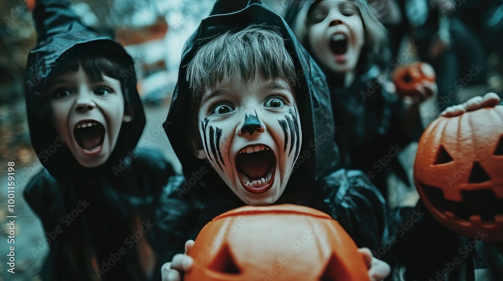 Kids in Halloween Costumes Enjoying Trick or Treating Kids in Halloween Costumes Enjoying Trick or Treating