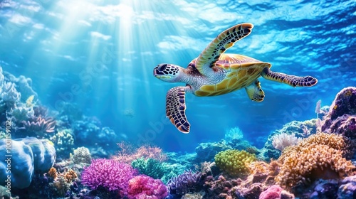 Scuba Diving with Turtles in a Coral Reef photo