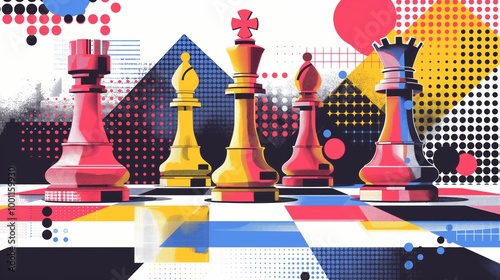 Vibrant chess tournament poster design with checkered background and colorful pieces