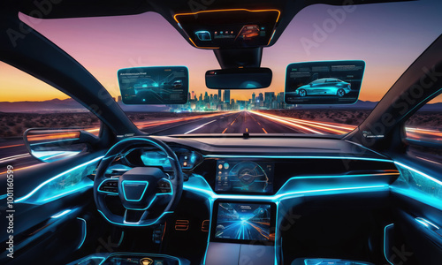 The interior of a futuristic car with a digital dashboard and glowing lights as it drives down a highway at sunset