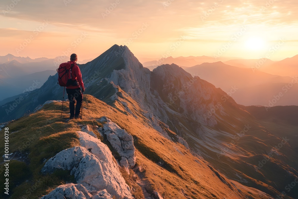 Mountain landscape with a tourist standing on the top at sunrise, conquering the summit Mountain landscape with a tourist standing on the top at sunrise, conquering the summit