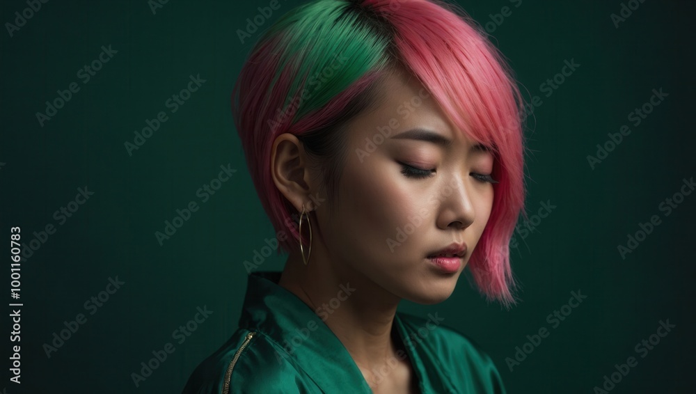 Androgynous person with short pink and green hair, wearing makeup, in a gradient background. Androgynous person with short pink and green hair, wearing makeup, in a gradient background.